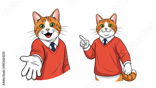 Personified ginger tabby cat wearing a red sweater and blue tie appears in two poses reaching and pointing, vector art illustration.
