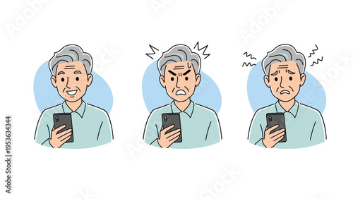 Senior man using smartphone and showing different facial expressions like joy, anger, and sadness as reaction to mobile content.