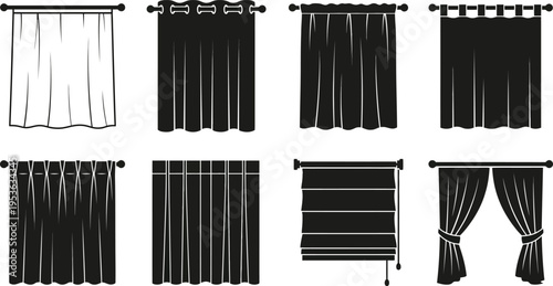 Set of curtain and window treatment icons featuring various drapery styles valances blind silhouettes and interior decor textile vector elements
