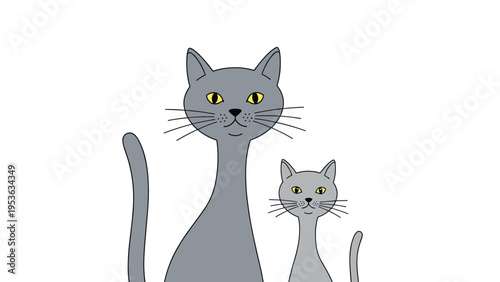 Two grey cats of different sizes sitting together on a white background, representing a parent and kitten or feline companions.