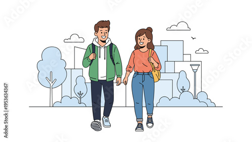 Happy young couple walking together in a modern city street with buildings and trees in the background during a sunny day.