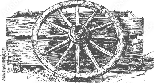 Rustic wooden wagon wheel leaning against a rough timber cart, vintage rural farming equipment