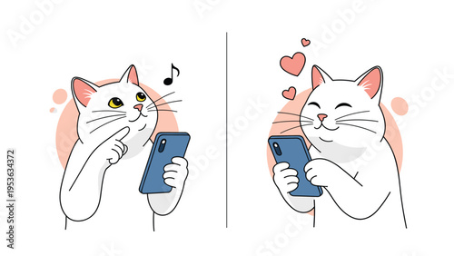 Cute white cat using a mobile phone and reacting with different emotions like thinking about music and feeling love with hearts.