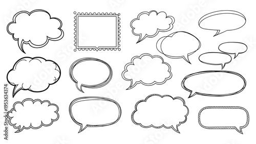 Set of diverse hand drawn speech bubbles and thought clouds with varied outlines for comic book design and dialogue illustration.