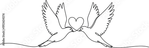 Minimalist continuous line drawing of two doves with heart symbol, love and peace concept, romantic relationship harmony, wedding symbol, modern vector outline illustration