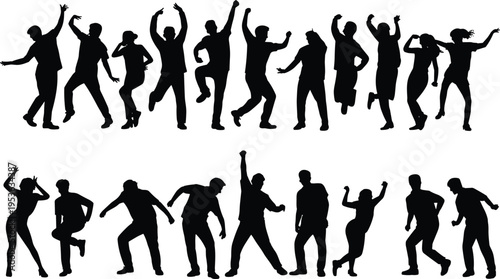 Set of happy people dancing silhouettes, group of men and women celebrating in various poses, isolated on white background, party movement.