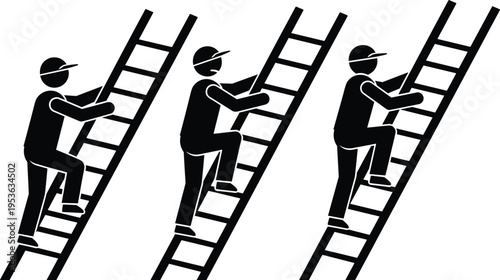 Worker climbing ladder silhouette set, construction safety concept, manual labor activity, industrial worker illustration, climbing steps, black vector design