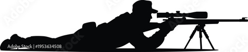 Black silhouette of sniper aiming long-range rifle with scope and bipod in prone position