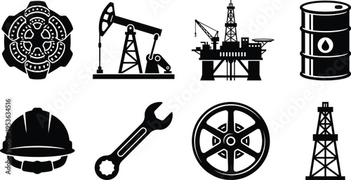 Oil industry tools and equipment. Drill, pump, wrench, and hard hat icon set.
