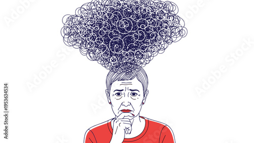 Elderly woman looking worried with a massive dark scribble cloud over her head representing confusion, stress, or mental health struggles.