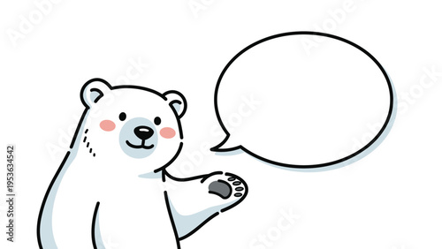 Friendly polar bear waving its paw with a blank speech bubble for custom greetings or messages in a cute winter-themed character design.