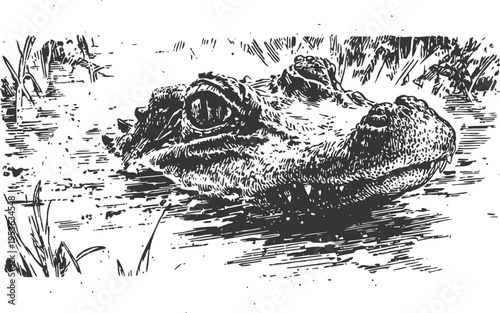 Alligator head above water, detailed black and white ink drawing of reptile in swampy habitat