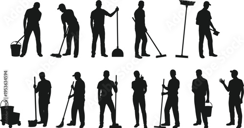 Large set of black silhouettes featuring professional cleaners with mops brooms and buckets isolated on white background for cleaning service