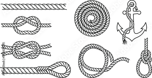 Line art vector set of five detailed nautical rope knots viewed close up with textured black cord on white background from top angle isolated clean ... 
