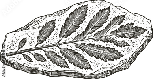 Leaf fossil engraving on rock ancient botanical imprint, natural history illustration, vintage scientific drawing of plant