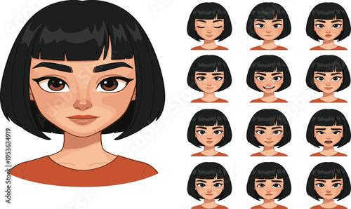 Cartoon female character portrait with short black hair and orange shirt, featuring twelve expressive facial variations for animation, illustration, and design reference