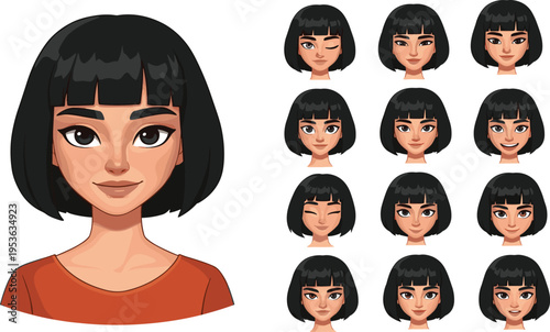 Anime character portrait with short black hair and orange top, featuring twelve expressive facial variations for illustration, animation, storytelling, and design reference