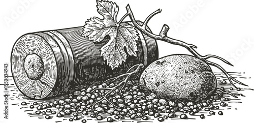 vintage engraved illustration of wine barrel with grapevine and rustic potato, detailed black and white drawing