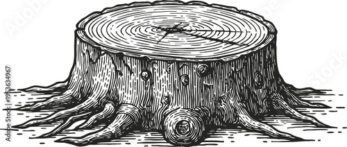 Detailed tree stump with exposed roots and textured bark engraving illustration