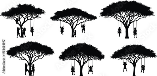 Children playing on swings under tree silhouette set, kids outdoor activity, childhood fun, park scene, nature illustration, black vector design