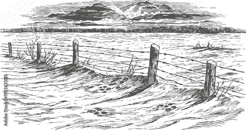 Rustic countryside landscape with wooden fence posts and barbed wire under dramatic cloudy sky