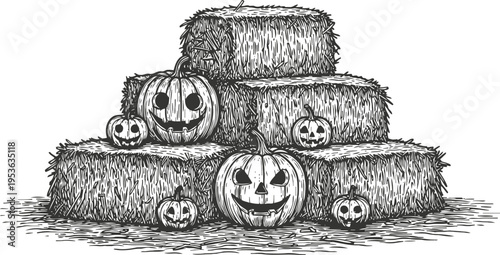 Stacked hay bales with carved halloween pumpkins, spooky autumn harvest decoration