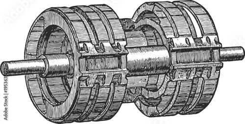 Vintage mechanical roller sketch old industrial machinery part with detailed metal rings and axle