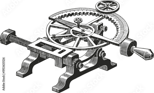 Vintage mechanical drafting tool with gears and protractor for precise angle measurement