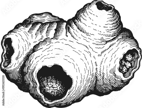 Close up detailed black and white illustration of barnacle group with textured shells marine crustaceans