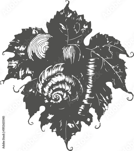 Grape leaf silhouette with detailed snail shell and natural textures isolated on white background