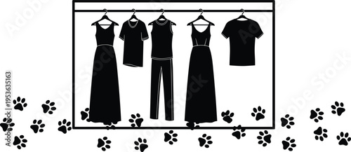 Clothing rack silhouette with dresses and casual wear, fashion display with pet paw prints, boutique concept, apparel collection design illustration