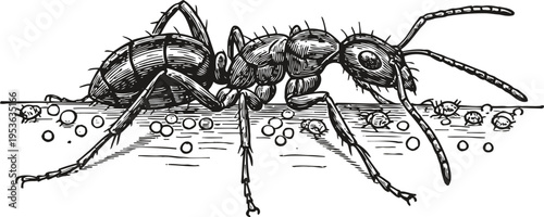 Black ant carrying food and small ants crawling nature insect illustration in engraved vintage