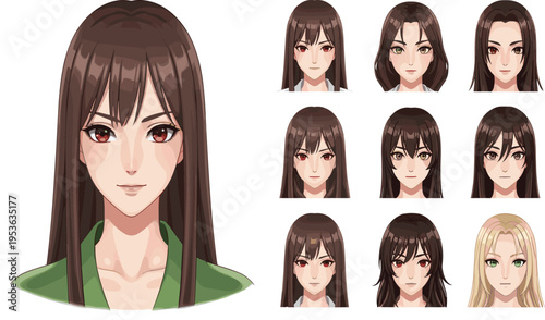 Collection of anime character portraits featuring diverse facial designs, hairstyles, eye colors, and expressions, ideal for illustration, animation, and game design references