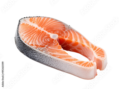 Fresh raw salmon steak slice with skin on transparent background. Raw salmon fillet steak prepared for cooking, grilling, or baking