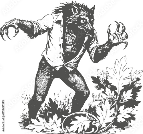 Vintage werewolf illustration in torn shirt with claws and fierce expression, full moon night creature