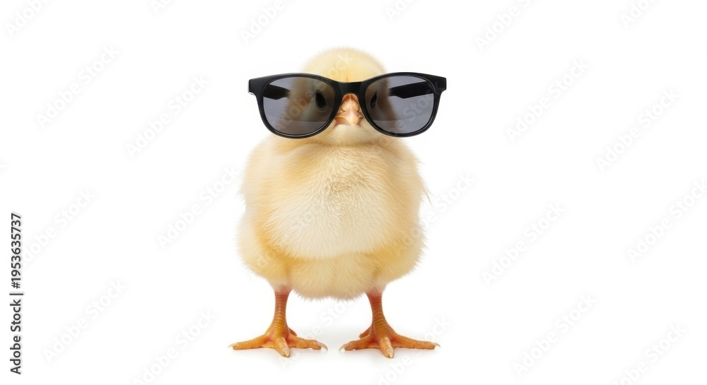 Fototapeta premium A cute fluffy yellow baby chick standing upright wearing stylish black sunglasses on white background