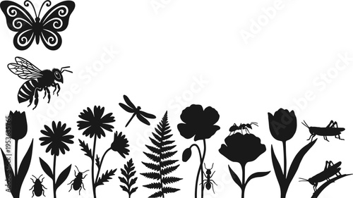 Garden insect silhouettes, biodiversity illustration icons, butterfly bee dragonfly figures, ant beetle grasshopper design, floral ecosystem graphic, nature interaction set, plant insect outline