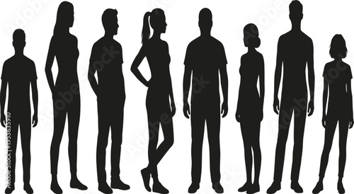 Collection of eight diverse human silhouettes in black, showcasing varied heights, body shapes, and neutral standing poses for design, illustration, and proportion visualization