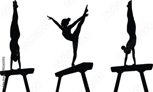 Gymnast silhouette illustration, balance beam icons, handstand posture design, split leap figure, athletic performance graphic, strength flexibility balance, gymnastics sp