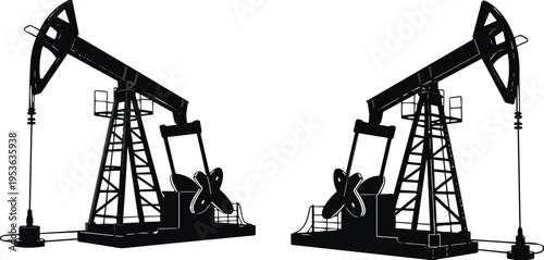 Industrial oil pump jack silhouette set with two crude oil extraction machines isolated on white background for energy industry desig