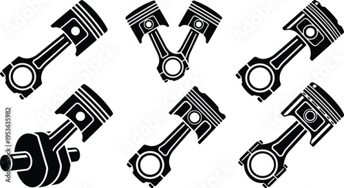 Black and white silhouettes of engine pistons with other car related mechanical elements
