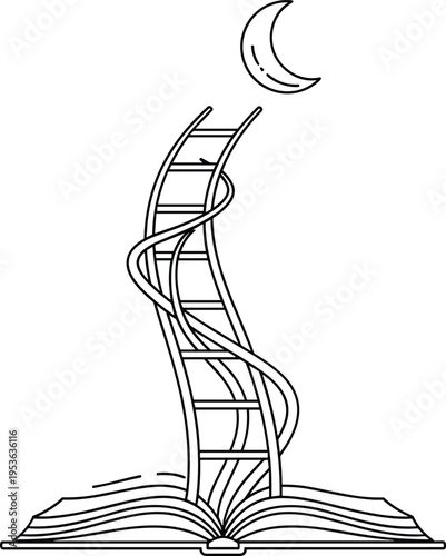 Open book with ladder reaching moon line art illustration symbolizing education ambition dreams success knowledge journey minimal conceptual vector design