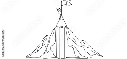 Person reaching flag on pencil mountain peak line art illustration symbolizing success goal achievement ambition education minimal conceptual vector design