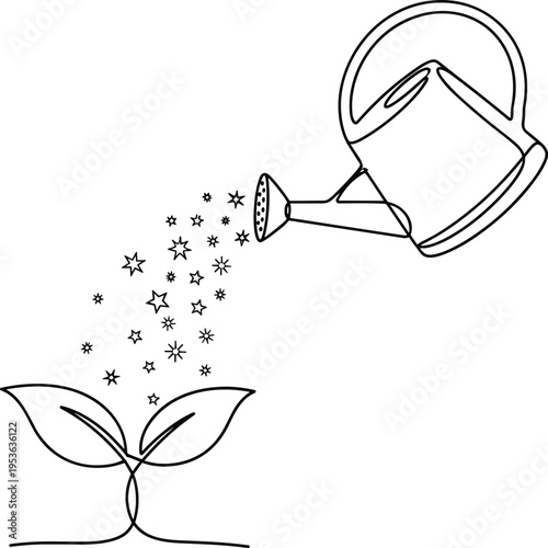Minimalist continuous line drawing of watering can pouring stars on plant, creativity growth concept, imagination nurturing symbol, inspiration and innovation, modern vector outline illustration