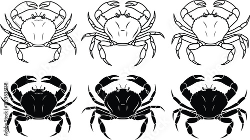 Collection of six stylized crab illustrations with detailed claws, legs, and body segments in black outline drawings and solid silhouette vector art