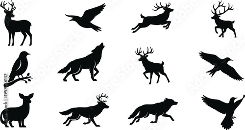 Forest Wildlife Silhouette Vector Set, Deer Wolves Birds Collection, Nature Animal Black Icons Pack Isolated Design