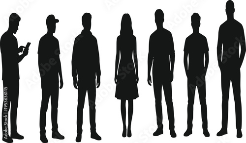 Collection of six diverse human silhouettes in black, showcasing varied postures and clothing styles including casual, dress, cap, and phone use for design illustration