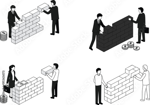 Teamwork silhouette illustration, collaboration icons, brick wall building figures, financial growth design, investment concept graphic, cooperative posture set, construction teamwork outline