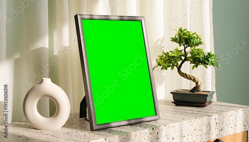Modern Silver Picture Frame With Green Screen Mockup on Terrazzo Tabletop Beside White Ceramic Vase and Potted Bonsai Tree in Sunlit Room With Sheer Curtains
