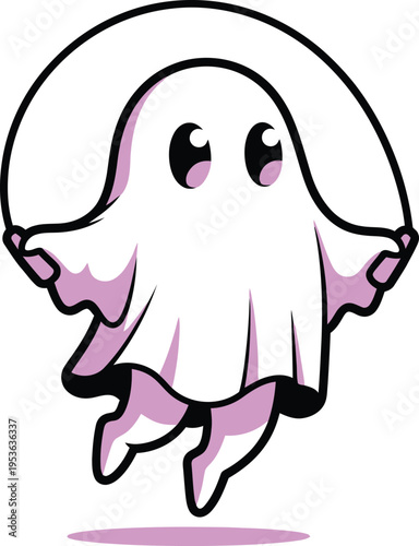 Cute cartoon ghost character is energetically jumping rope while floating slightly above the ground in a playful exercise routine.